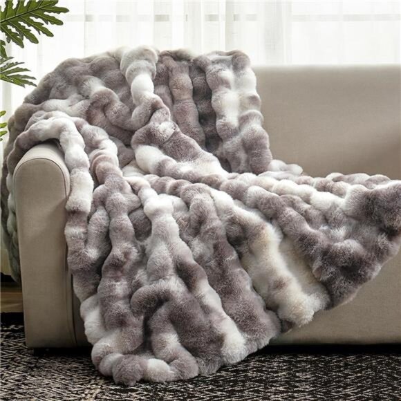 Cozy Bliss Faux Fur Throw Blanket for Couch, Fuzzy Soft Plush Thick Bubble - Picture 1 of 7